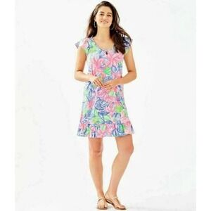 Lilly Pulitzer Regina Medium Pink Floral NWT Cotton Knit Ruffle Hem Dress